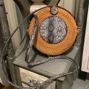 Brown Rattan & Black Snake skin Vinyl Crossbody Purse NWOT